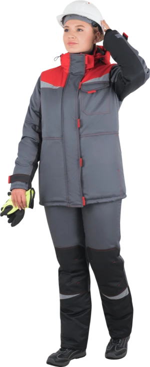 Костюм женский КМ-10 ЛЮКС  от пониженных температур воздуха, механических воздействий и ОПЗ (куртка, брюки), серый/красный/черный Кос 698